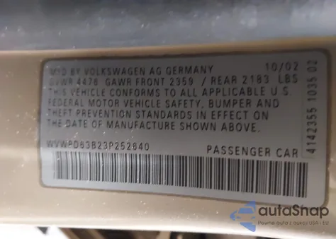 2003 Volkswagen Passat Gls from USA, damaged, VIN WVWPD63B23P252640